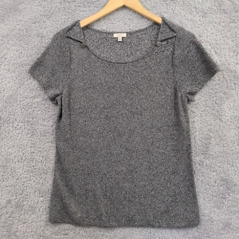 Talbots Sweater Women's Medium Gray Heathered Knit Short Sleeve Button Detail